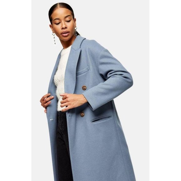 🆕 TOPSHOP Brooke Double Breasted Long Coat Blue 12 - Picture 3 of 10